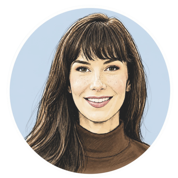 Sketch portrait of Beth Stark, smiling, with long dark hair, bangs, freckles and a brown turtleneck.